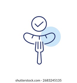 Salchicha en tenedor y marca de verificación. Comida verificada, entrega segura, orden aprobada. Icono de Vector de trazo perfecto y editable