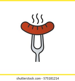 Sausage on fork color icon. Steaming bratwurst on carving fork. Isolated vector illustration