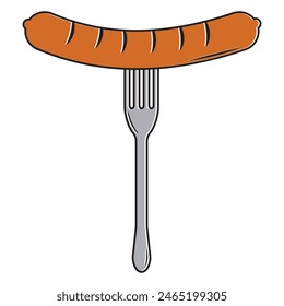 sausage on a fork, color isolated vector illustration on a white background