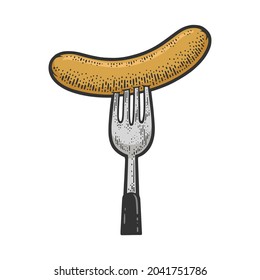 sausage on a fork color sketch engraving vector illustration. T-shirt apparel print design. Scratch board imitation. Black and white hand drawn image.