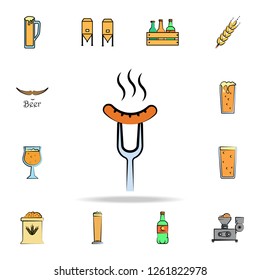 sausage on the fork colored sketch style icon. Detailed set of color beer in hand drawn style icons. Premium graphic design. One of the collection icons for websites, web design on white background