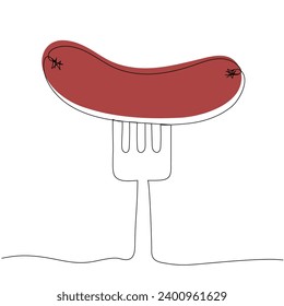 Sausage on a fork in continuous one line art style. Simple vector illustration