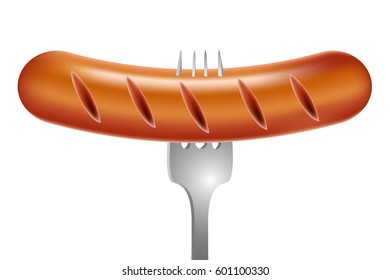 Sausage on a fork, cooked on a grill. Vector illustration executed in a realistic manner.