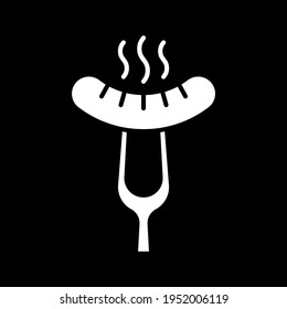 Sausage on fork dark mode glyph icon. Hot steaming bratwurst. Grilled food. Roasted bratwurst. Oktoberfest snack. White silhouette symbol on black space. Vector isolated illustration