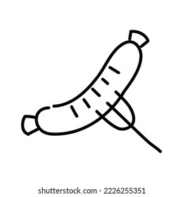 Sausage on fork doodle icon. Hand drawn black sketch. Vector Illustration.
