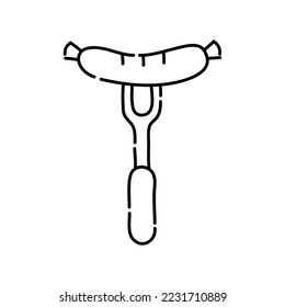 Sausage on a fork doodle icon. Hand drawn black sketch. Vector Illustration.