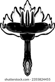 Sausage on a fork on fire. Illustration in linocut style, rustic style. Vector element for design