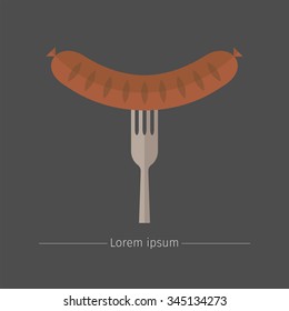 Sausage on the fork. Flat icon.