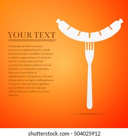 Sausage on fork flat icon over orange background. Vector Illustration