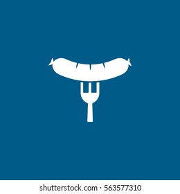 Sausage On Fork Flat Icon On Blue Background
