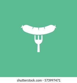 Sausage On Fork Flat Icon On Green Background