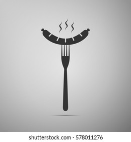 Sausage on fork flat icon on grey background. Vector Illustration