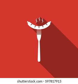 Sausage on fork flat icon with long shadow. Vector Illustration