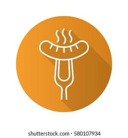 Sausage on fork flat linear long shadow icon. Steaming bratwurst on carving fork. Vector line symbol