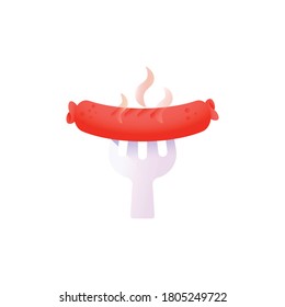 Sausage on fork. Flat vector cartoon illustration. isolated on a white background.