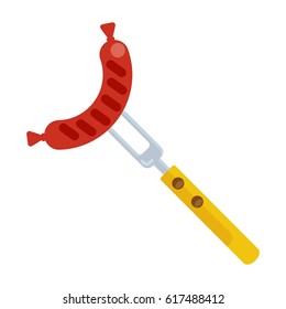 Sausage on fork. Flat vector cartoon illustration. Objects isolated on a white background.