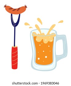 Sausage on a fork with glass of beer icon. Grilled sausage template collection for web, party invitation. Oktoberfest. German folk festivities.  Vector illustration of food flat design.