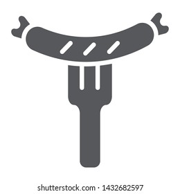 Sausage on fork glyph icon, food and meat, grilled sausage sign, vector graphics, a solid pattern on a white background, eps 10.