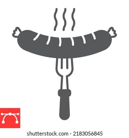 Sausage On Fork Glyph Icon, Meat And Oktoberfest, Bratwurst On Fork Vector Icon, Vector Graphics, Editable Stroke Solid Sign, Eps 10.