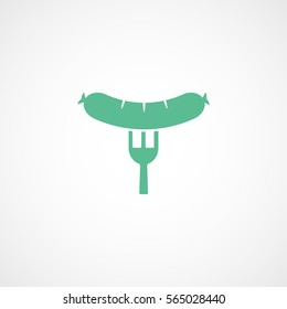 Sausage On Fork Green Flat Icon On White Background