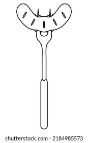 Sausage on a fork. Grilled frankfurter sausage with slits. Sketch. Vector illustration. Juicy barbecue sausage. Coloring book for children. Outline on isolated background. Doodle style. 