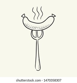 Sausage on fork. Hand drawn vector illustration