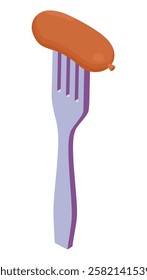 Sausage on fork - hand drawn isometric vector illustration.