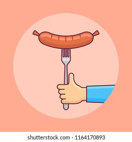 Sausage on fork in hand flat line icon. Vector illustration.