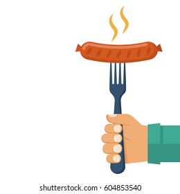 Sausage on fork in hand. Vector illustration flat design. Isolated on white background. Cooked hot fried sausage. Grill picnic template.