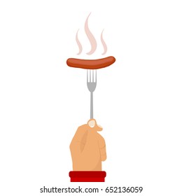Sausage on fork, hot sausage. The hand holds the fork. Flat design, vector illustration, vector.