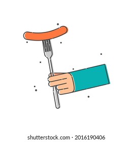 Sausage on a fork in human hand on white background. Meat product for eating. Flat illustration on white background. Line art style. Vector outline image. An color image for the design of restaurants