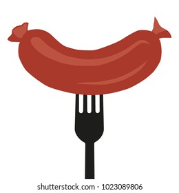 Sausage on a fork icon flat style design, isolated on white background. Grilled sausage a poster template for an invitation to a party. Object for web and print.