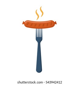 Sausage on a fork icon flat style design, isolated on white background. Grilled sausage a poster template for an invitation to a party. Object for web and print.