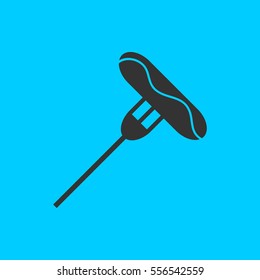 Sausage on fork icon flat. Simple vector black pictogram on blue background