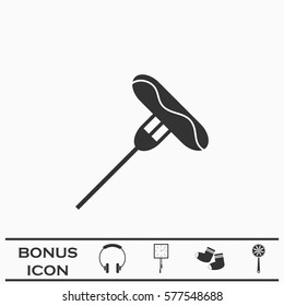 Sausage on fork icon flat. Black pictogram on white background. Vector illustration symbol and bonus button