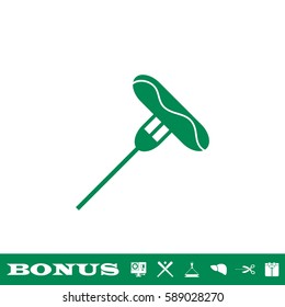Sausage on fork icon flat. Green pictogram on white background. Vector illustration symbol and bonus button