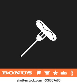 Sausage on fork icon flat. White pictogram on black background. Vector illustration symbol and bonus button tooth, vase, star, mirror, bottle