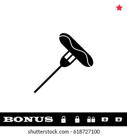 Sausage on fork icon flat. Black pictogram on white background. Vector illustration symbol and bonus button open and closed lock, folder, star