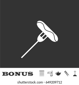 Sausage on fork icon flat. White pictogram on black background. Vector illustration symbol and bonus icons