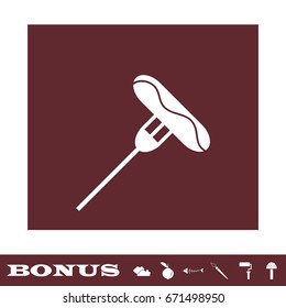 Sausage on fork icon flat. White pictogram on brown background. Vector illustration symbol and bonus icons