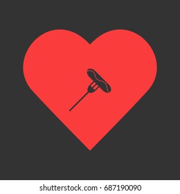 Sausage on fork icon flat. Simple pictogram on heart background. Vector illustration symbol