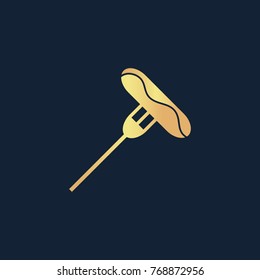 Sausage on fork icon flat. Simple gold pictogram on dark background. Vector illustration symbol