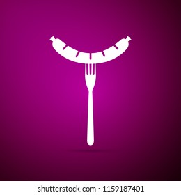 Sausage on fork icon isolated on purple background. Grilled sausage and steam sign. Flat design. Vector Illustration