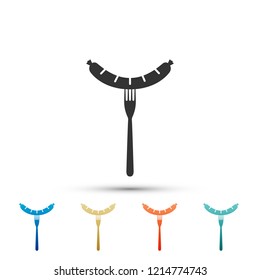 Sausage on fork icon isolated on white background. Grilled sausage and steam sign. Set elements in colored icons. Flat design. Vector Illustration