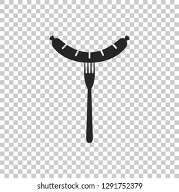 Sausage on fork icon isolated on transparent background. Grilled sausage and steam sign. Flat design. Vector Illustration