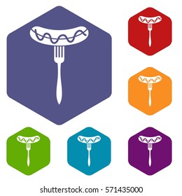 Sausage on fork icons set rhombus in different colors isolated on white background
