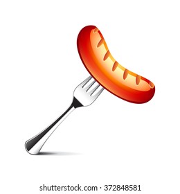 Sausage on fork isolated photo-realistic vector illustration