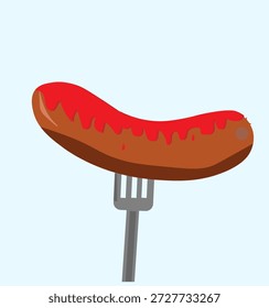Una salchicha en un tenedor con ketchup
