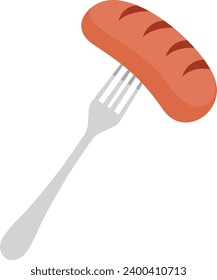 Sausage on fork. Kitchen element. Food and Cutlery. Cooking frankfurter. Cartoon flat illustration