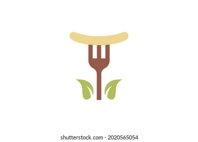 Sausage on the fork with leaf. Vector flat illustration